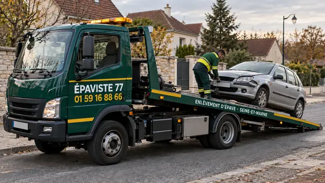 Dépanneuse verte Épaviste 77 chargeant une épave dans une rue de Seine-et-Marne, numéro 01 59 16 88 66